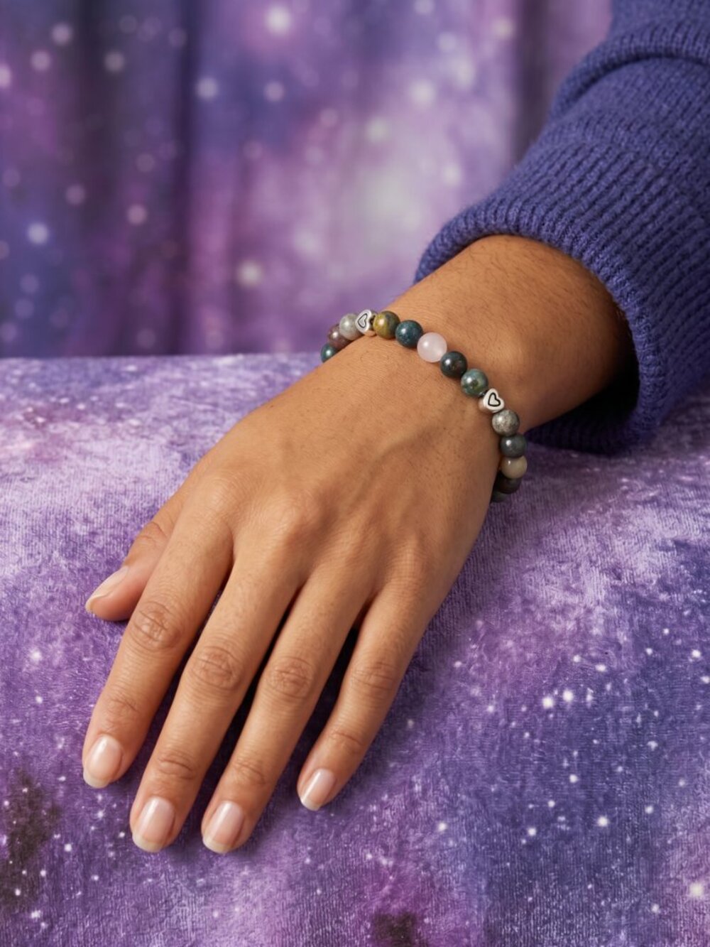 Designs by Forte Earthy Gemstone Stretch Bracelet with Silver Heart Accents